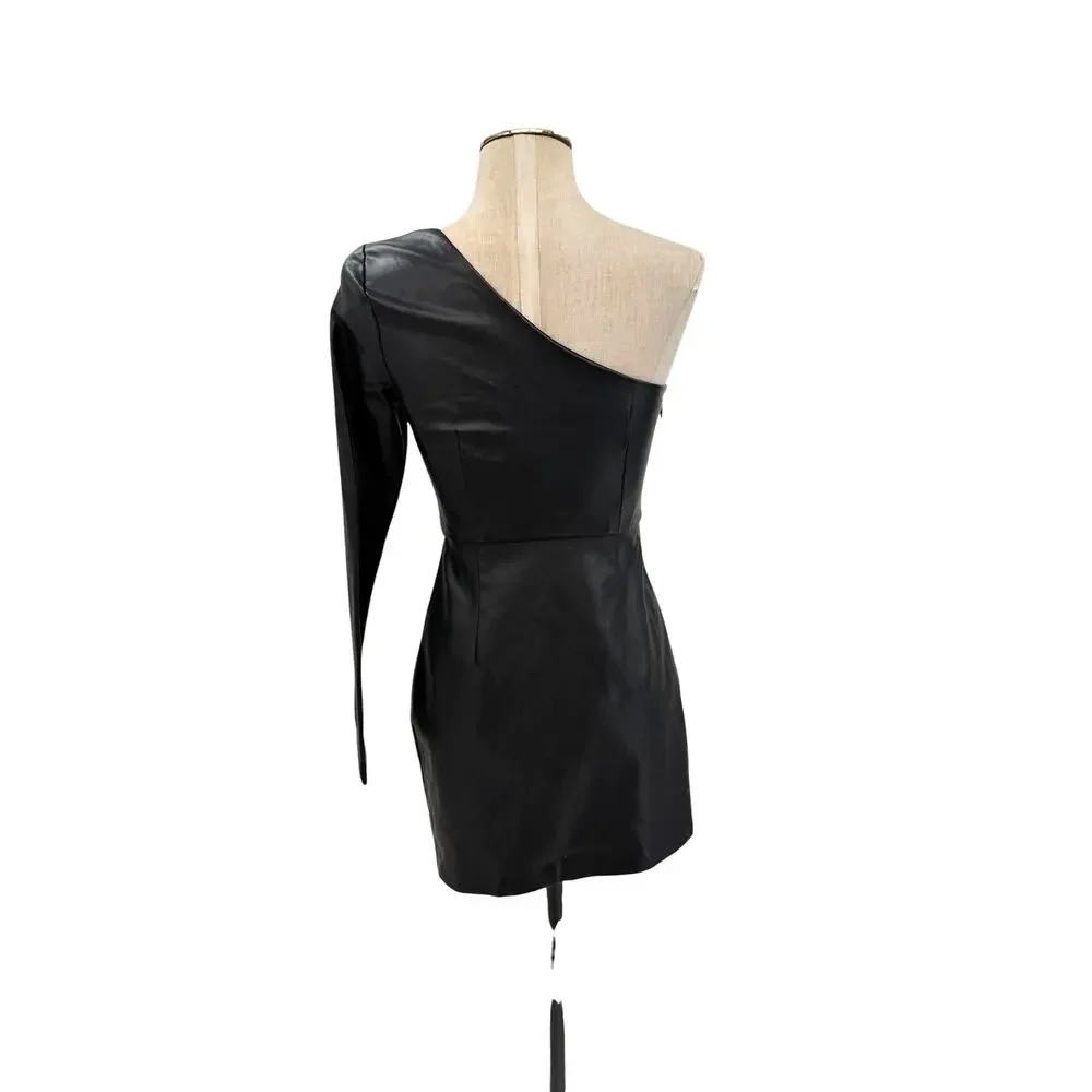 NBD Senia One Shoulder Faux Leather Mini Dress Black Long Sleeve XXS NWT